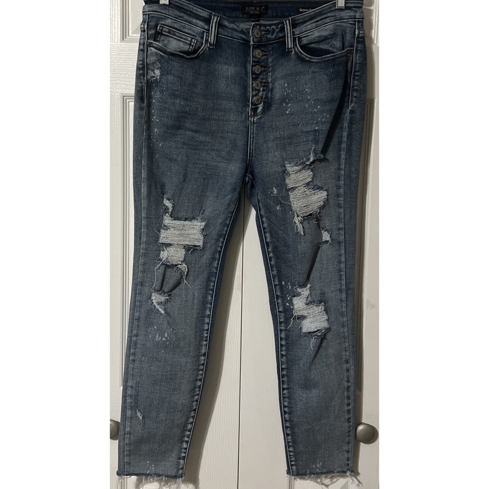 Judy Blue High Rise ButtonFly Destroyed Splatter Skinny Jeans SZ 11/30 (32x26) - Picture 11 of 12
